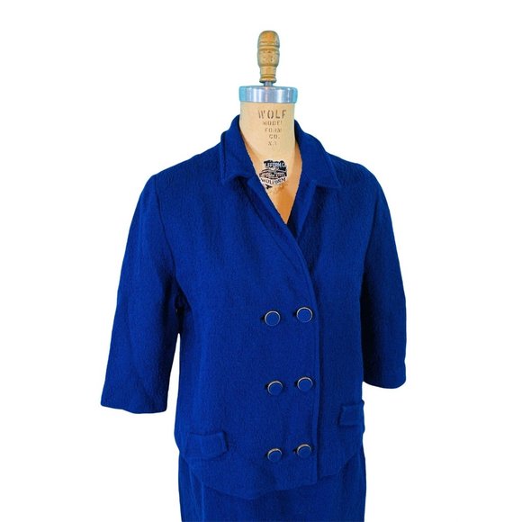 Vintage 60s Suit Set Womens Large Mod Blue Textured Top & Skirt Outfit - Picture 5 of 9